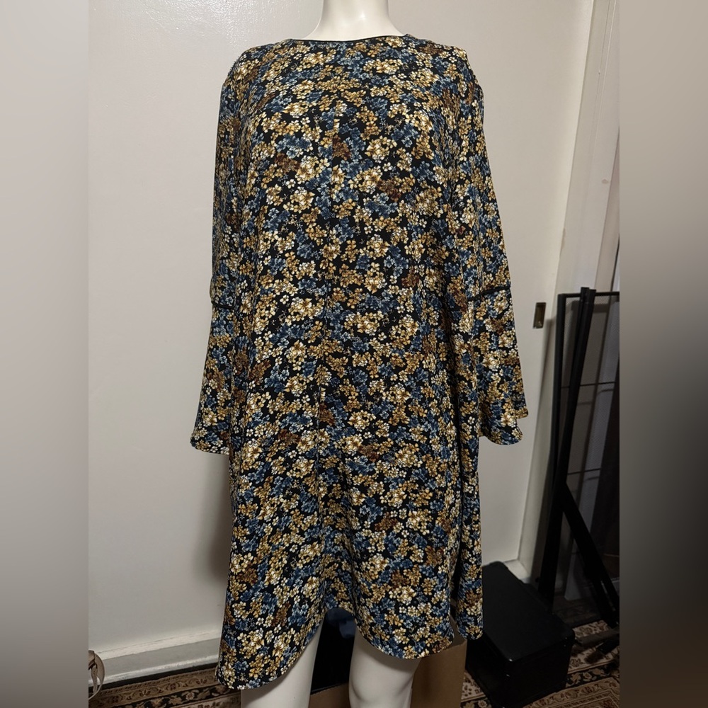 Zara Long Sleeve Floral Dress - Blue, Brown, Cream